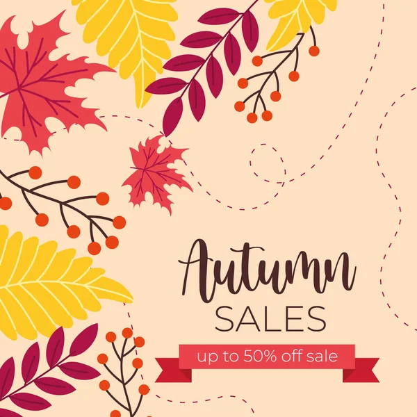 Cartaz de venda de outono com lettering e moldura de fita rosa —  Vetores de Stock