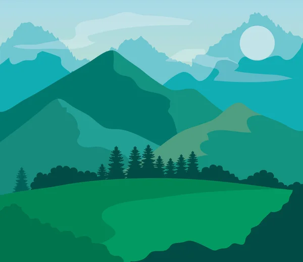 Paysage nature avec champ d'herbe et montagnes — Image vectorielle