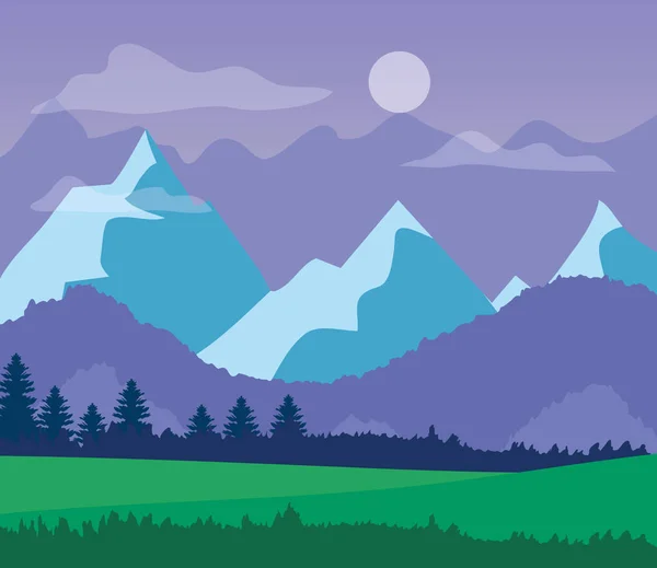 草原や山紫の空の風景 — ストックベクタ