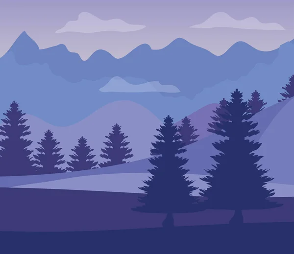 Paisaje púrpura con siluetas de montañas con pinos — Vector de stock