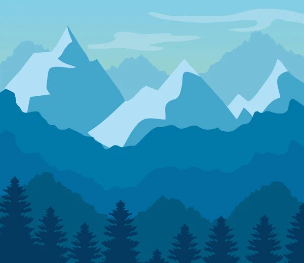 Paisaje azul y silueta de montañas con árboles de pino — Archivo Imágenes Vectoriales