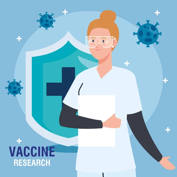 Медицинские исследования вакцины, доктор женского пола со щитом, разработка коронавируса covid19 вакцины — стоковый вектор