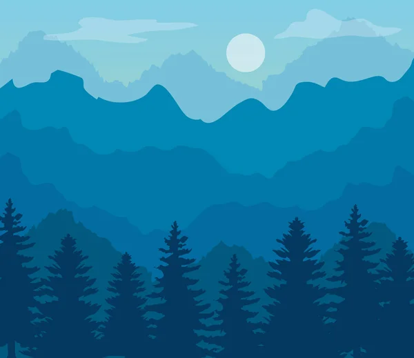 Paisaje azul con silueta de montañas y pino árbol — Vector de stock