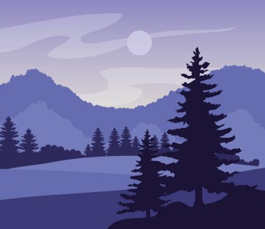 Dağların siluetleri ve çam ağaçlarının olduğu mor bir manzara.