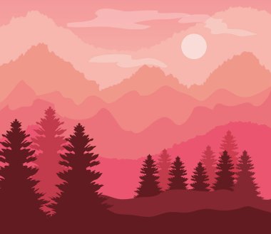 Çam ağaçları ve dağlarla dolu pembe bir manzara.
