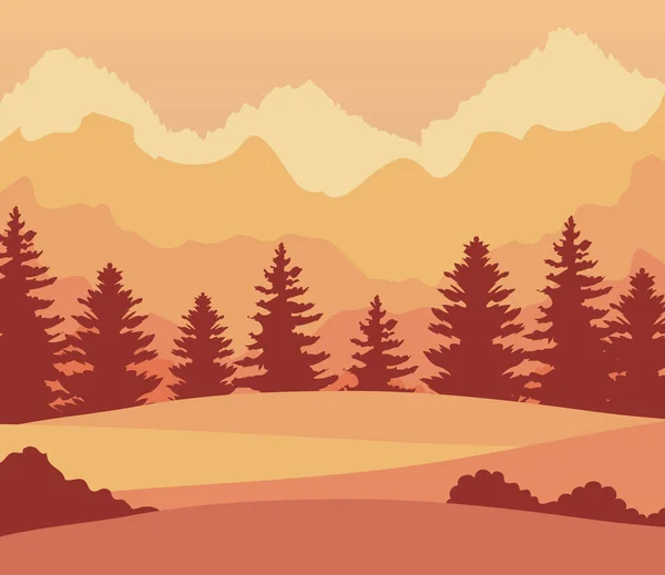 Paisaje al atardecer con pinos y montañas — Vector de stock