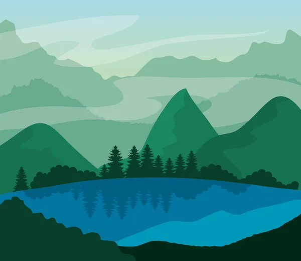 Paisaje naturaleza con lago, pinos y montañas — Vector de stock