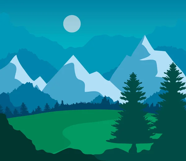 Paysage nature avec pelouse, pins et montagnes — Image vectorielle
