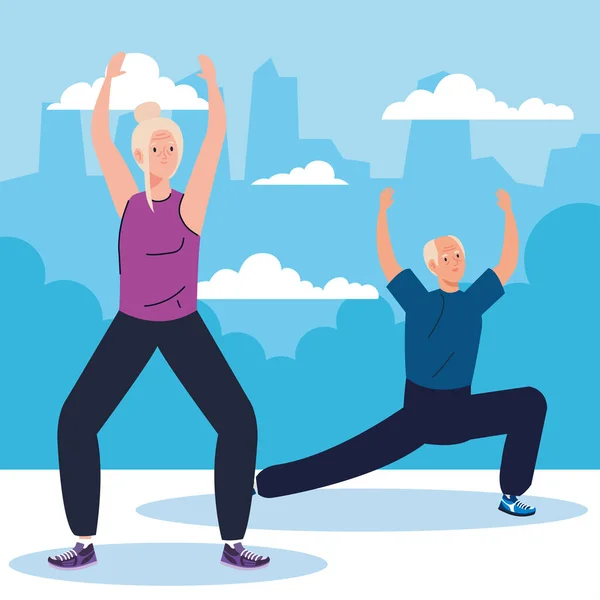 Senior couple practicing exercise outdoor, sport recreation concept — Stock Vector
