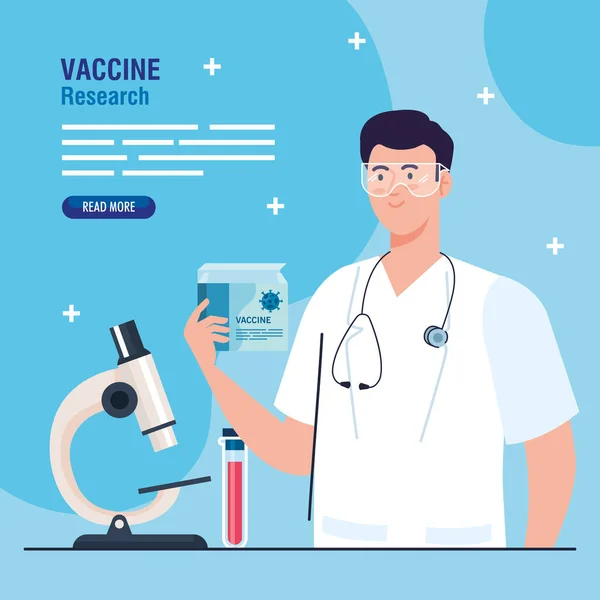 Investigación de vacunas médicas, médico con instrumentos de laboratorio en desarrollo vacuna coronavirus covid19 — Vector de stock