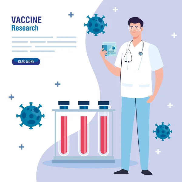 Pesquisa de vacinas médicas, médico com tubos teste no desenvolvimento coronavirus covid19 vacina — Vetor de Stock
