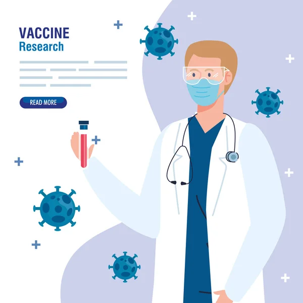 Recherche médicale sur les vaccins, médecin homme avec test en tube dans le développement vaccin contre le coronavirus covid19 — Image vectorielle