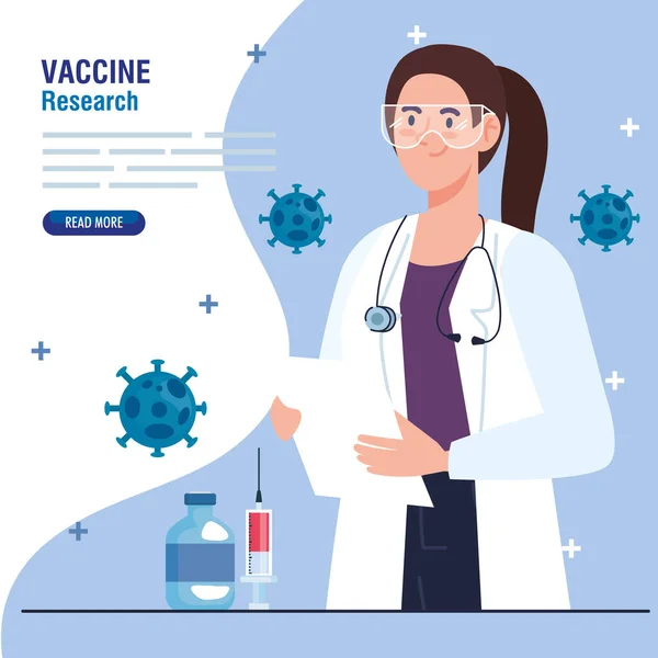 Investigación de vacunas médicas, médico femenino con jeringa y vial, desarrollo de coronavirus covid19 vacuna — Vector de stock