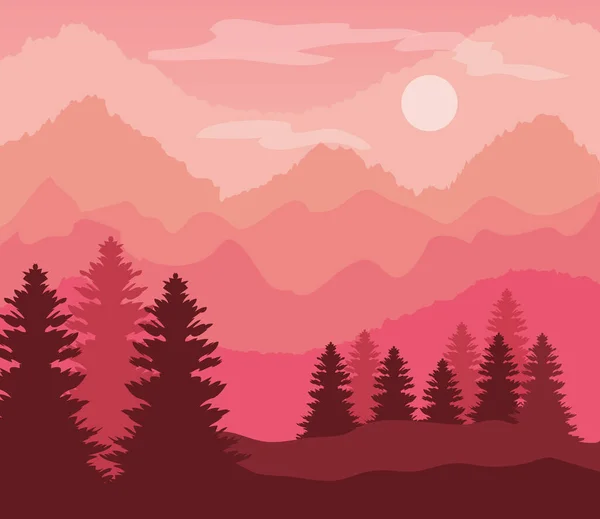 Paisaje rosa con pinos y montañas — Vector de stock