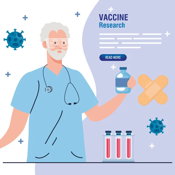 Lékařské vakcíny výzkum, lékař s injekční lahvičkou a zkumavky test, vývoj coronavirus covid19 vakcíny — Stockový vektor