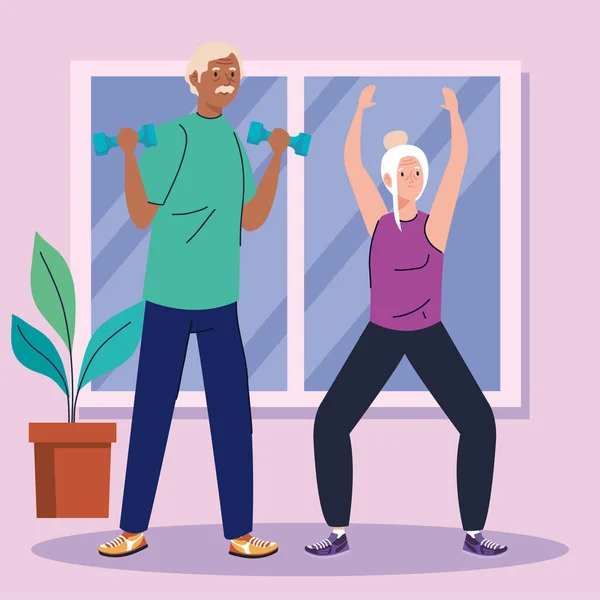 Pareja mayor practicando ejercicio en el hogar — Vector de stock