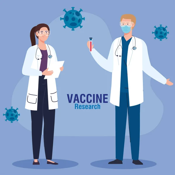 Investigación de vacunas médicas, pareja de médicos en desarrollo vacuna coronavirus covid19 — Archivo Imágenes Vectoriales
