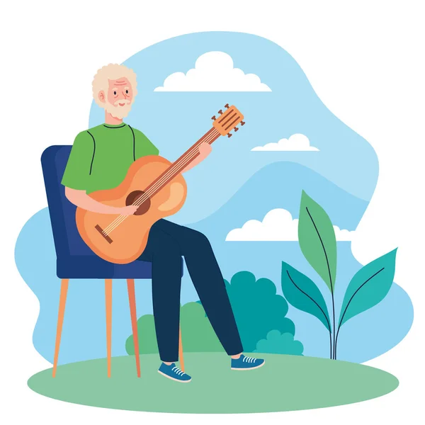 Hombre mayor tocando la guitarra al aire libre — Vector de stock