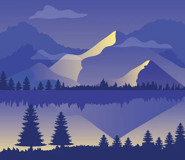 Paisaje púrpura con siluetas de montañas, pinos y lago — Vector de stock