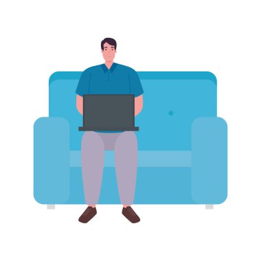 Dizüstü bilgisayarı olan adam çizgi filmi koltuk vektör tasarımı üzerinde çalışıyor