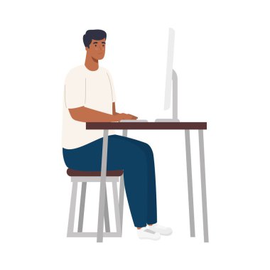 Masa başı vektör tasarımında çalışan bilgisayarlı adam karikatürü