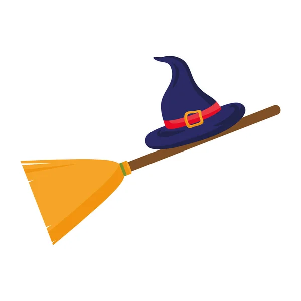 Halloween sombrero de bruja en el diseño de vectores de escoba — Vector de stock