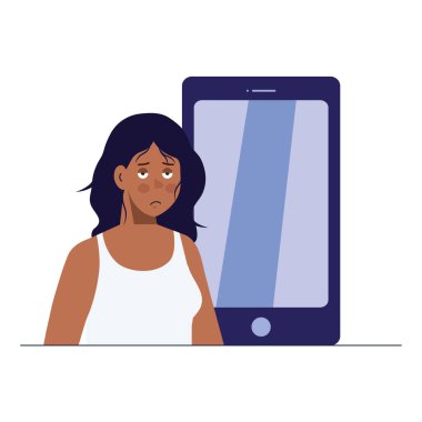 Uykusuzluk ve akıllı telefon vektör tasarımlı kadın çizgi filmi