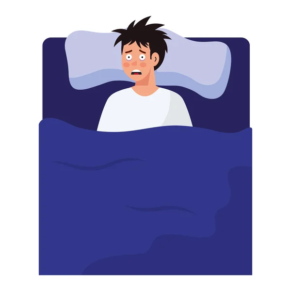 Man cartoon met slapeloosheid in bed vector ontwerp — Stockvector