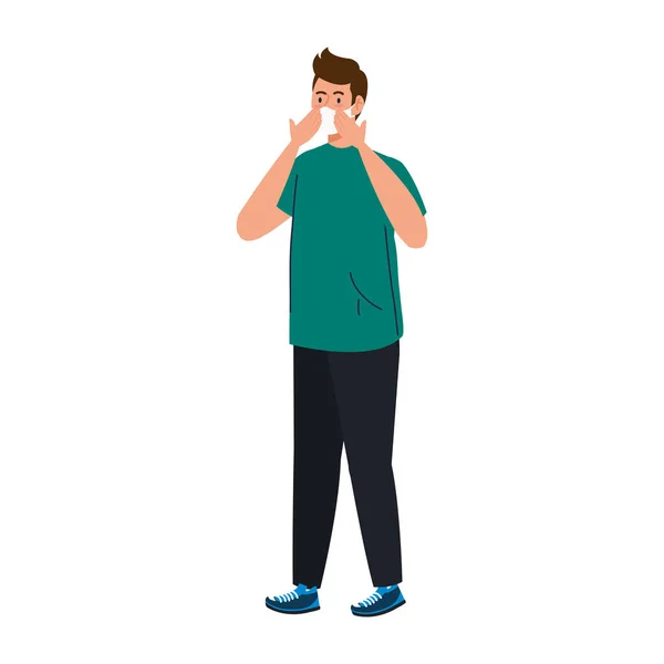 Uomo cartone animato con maschera medica e verde tshirt vettoriale design — Vettoriale Stock