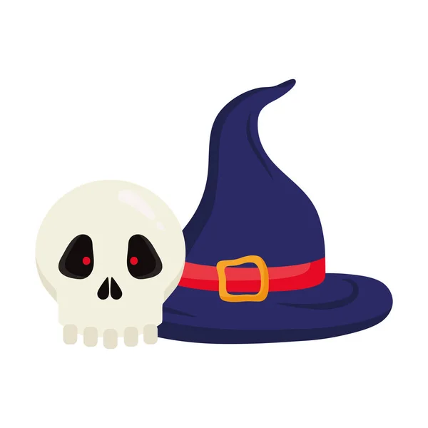 Halloween crânio desenho animado com chapéu de bruxa vetor design —  Vetores de Stock