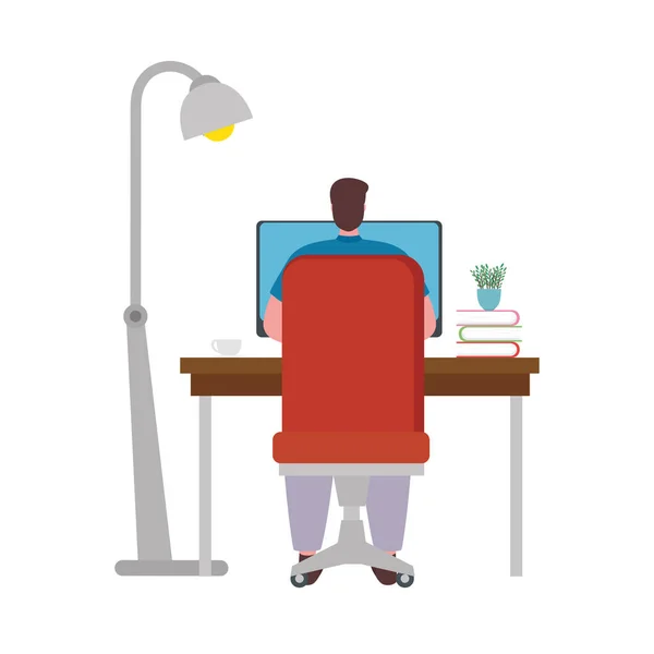 Człowiek kreskówka z komputerem pracy w projektowaniu wektor biurko — Wektor stockowy