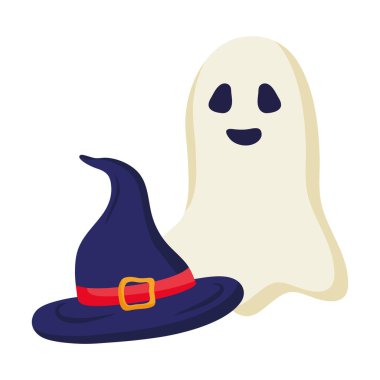 Cadı şapkası vektör tasarımlı Cadılar Bayramı hayalet çizgi filmi