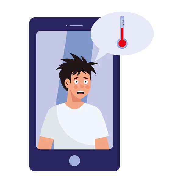 Desenho animado homem com insônia e bolha termômetro em design de vetor de smartphone —  Vetores de Stock