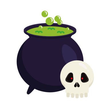 Cadılar Bayramı kafatası çizgi filmi ve cadı kasesi vektör tasarımı