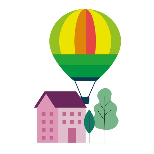 Balão de ar quente casa rosa e árvores projeto vetorial — Vetor de Stock