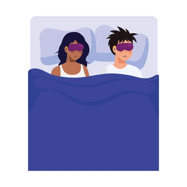 Kvinna och man karikatyrer med sömnlöshet masker i sängen vektor design — Stock vektor