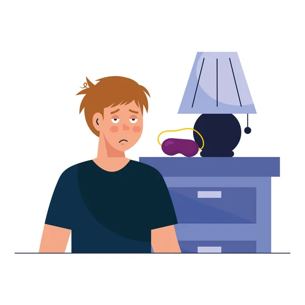 Mann Karikatur mit Schlaflosigkeit vor Möbeln mit Lampenvektordesign — Stockvektor