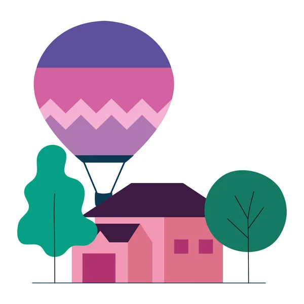 Globo de aire caliente casa rosa y árboles vector de diseño — Archivo Imágenes Vectoriales