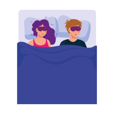 Kadın ve erkek çizgi filmleri. Uykusuzluk maskeleri yatak vektör tasarımında.