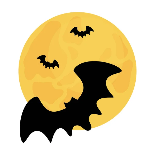 Halloween murciélagos dibujos animados en frente de diseño de vectores de la luna — Vector de stock
