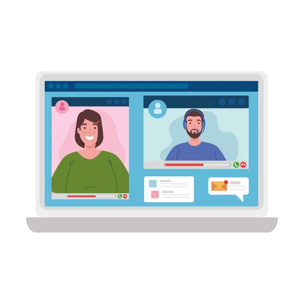 Mujer y hombre en el ordenador portátil en el diseño de vectores de chat de vídeo — Vector de stock