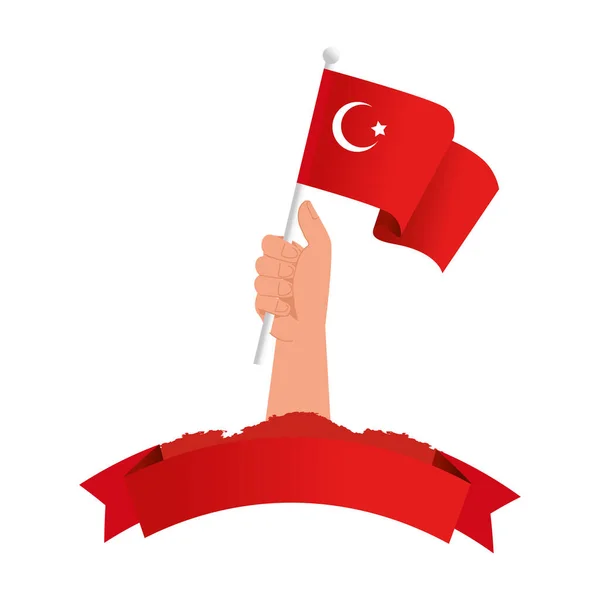 Hand holding turkish flag icon with ribbon vector design — Stock Vector