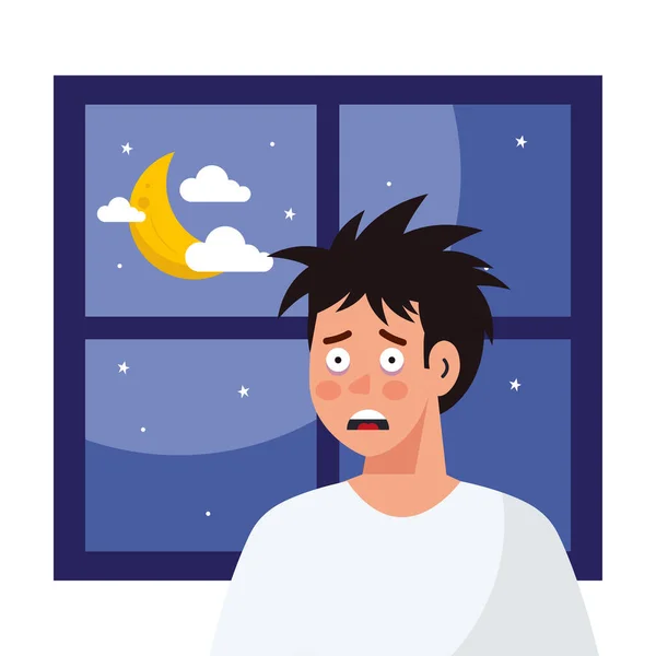 Manusia kartun dengan insomnia di depan jendela dengan desain vektor bulan - Stok Vektor