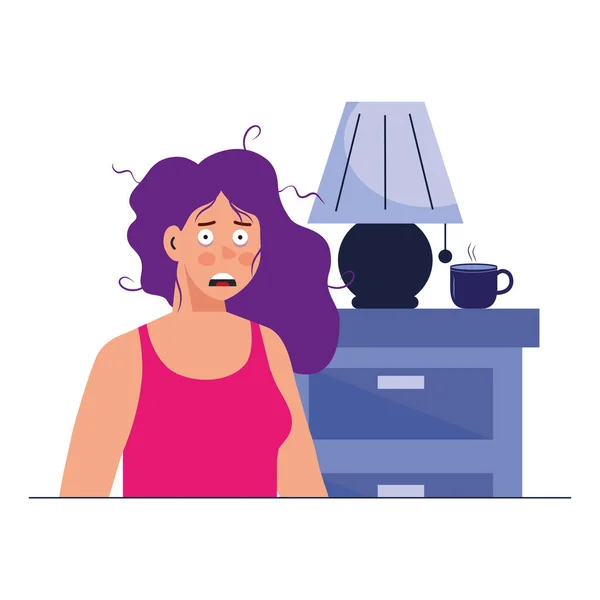 Mujer de dibujos animados con insomnio delante de los muebles con el diseño del vector de la lámpara — Vector de stock