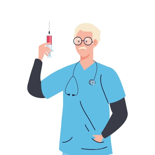 Arzt Mann mit Impfstoff-Injektionsvektordesign — Stockvektor