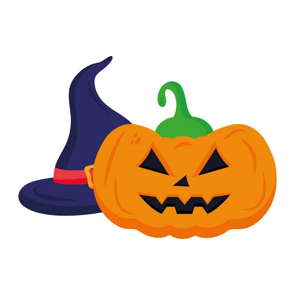 Dibujos animados de calabaza de Halloween con diseño de vector de sombrero de bruja — Vector de stock