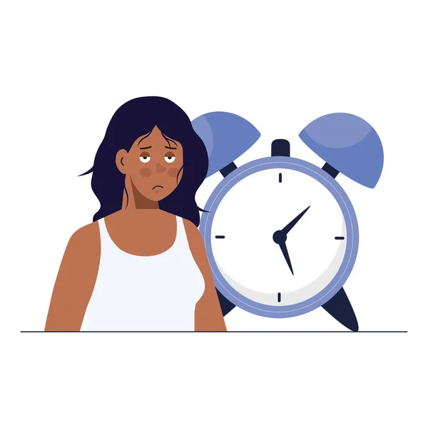Vrouw cartoon met slapeloosheid en klok vector ontwerp — Stockvector