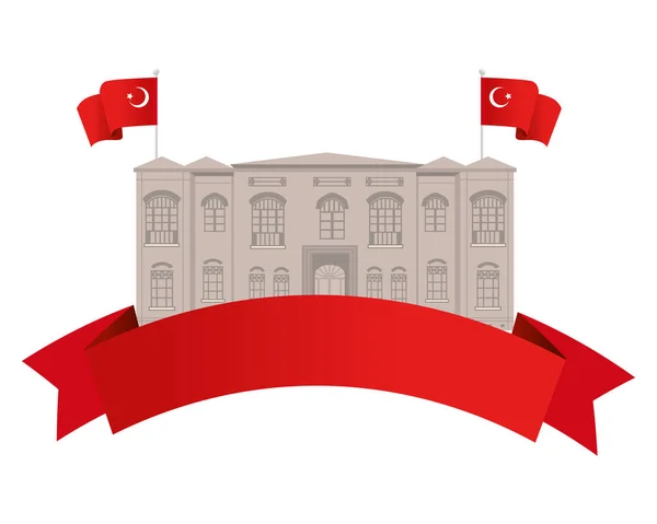 Turkish landmark palace building with flag and ribbon vector design — Stock Vector