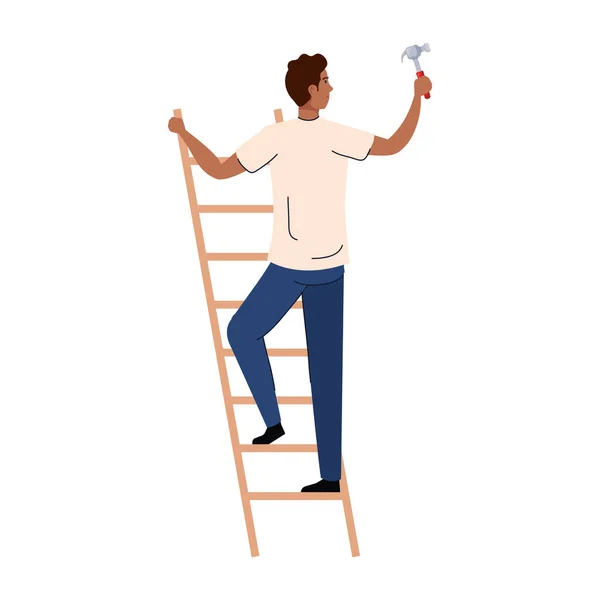 Hombre de dibujos animados con martillo de construcción en la escalera de diseño de vectores — Vector de stock