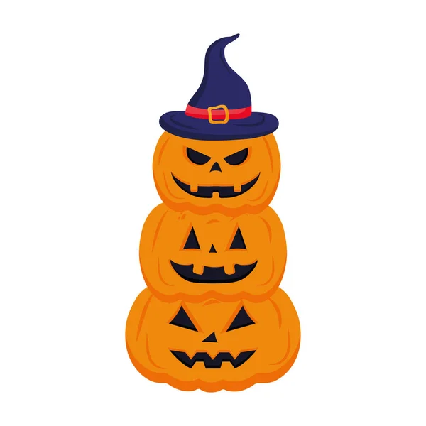 Halloween pumpkins cartoons with witch hat vector design — Stock Vector